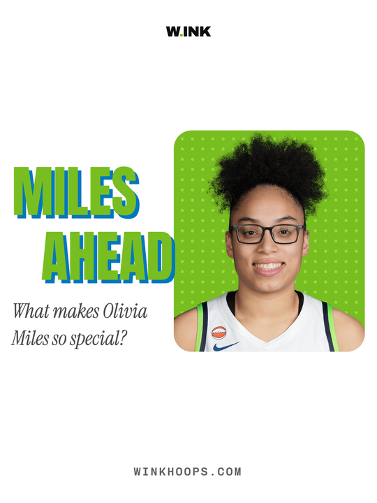 Miles Ahead: the title in lime over blue, the question What makes Olivia Miles so special, and her portrait on a lime dot plate.