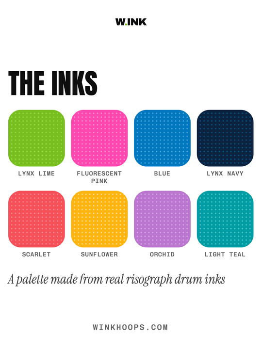 The inks: eight swatches with a dot screen, labeled by name: lynx lime, fluorescent pink, blue, lynx navy, scarlet, sunflower, orchid and light teal.