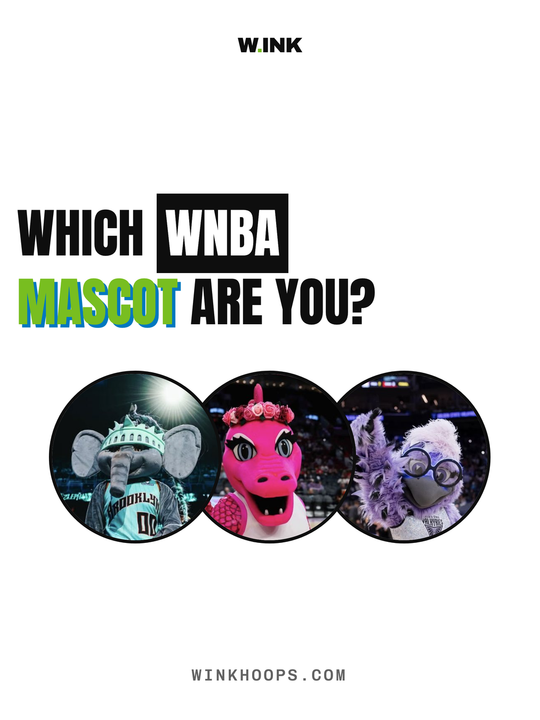 Which WNBA mascot are you? with WNBA in a knockout and mascot in lime over blue, above three overlapping mascot portraits in circles.